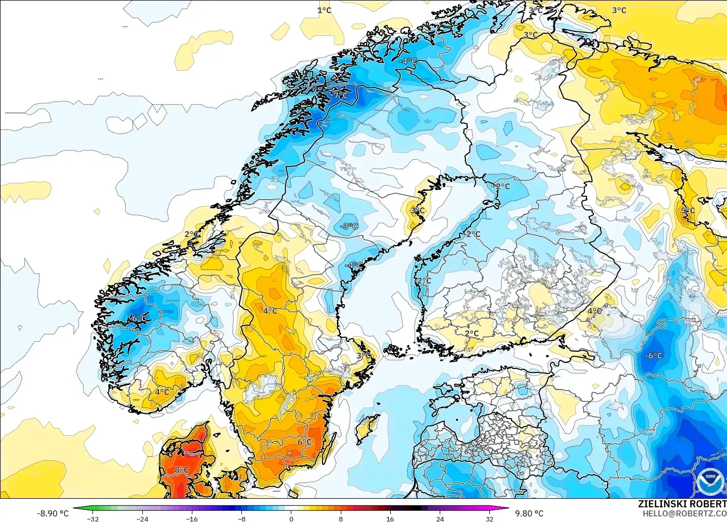 GFS modelo - Escandinavia, Anomalía de temperatura a 2 m