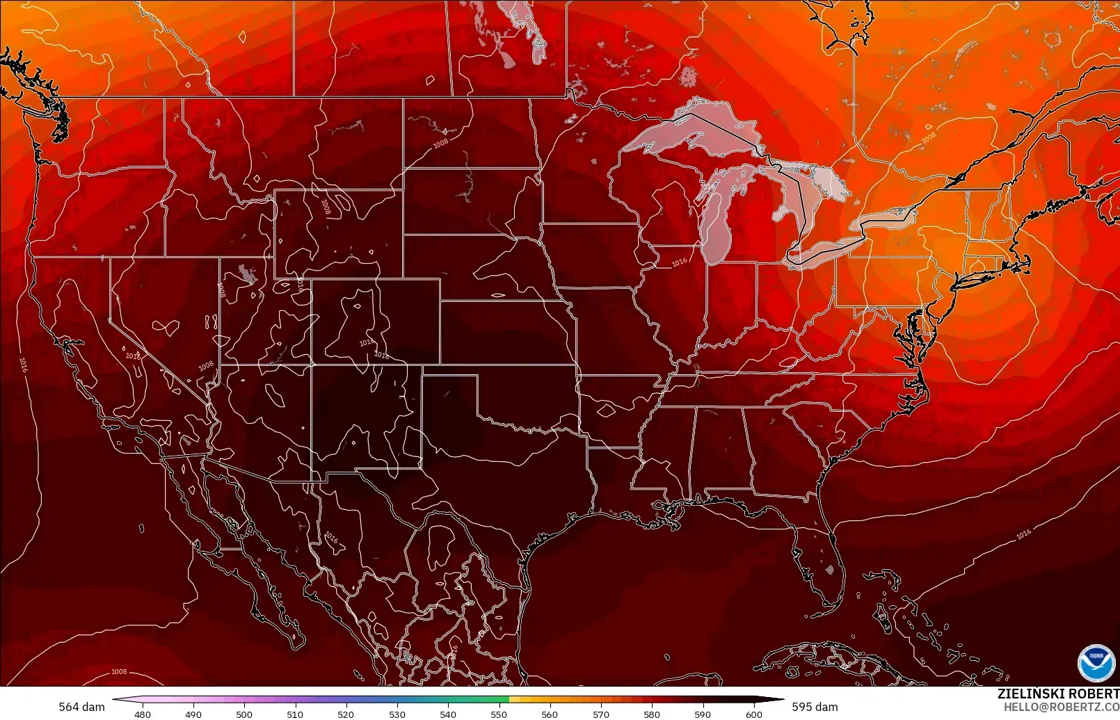 GFS modelo - Estados Unidos, Altura geopotencial a 500 hPa