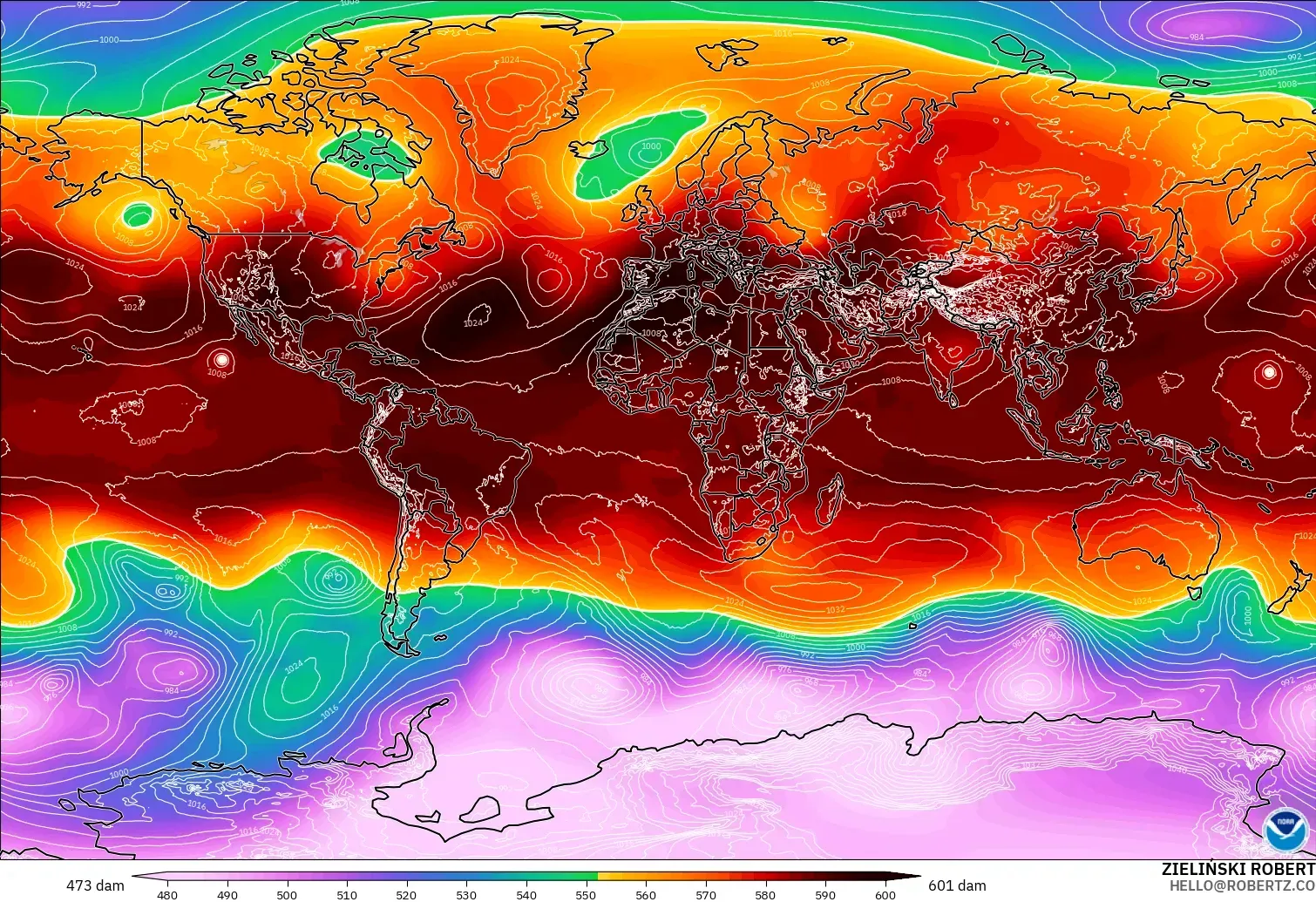 GFS modelo - Mundo, Altura geopotencial a 500 hPa