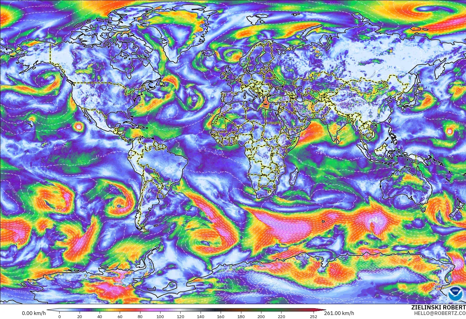 GFS modelo - Mundo, Ráfagas de Viento Máximas