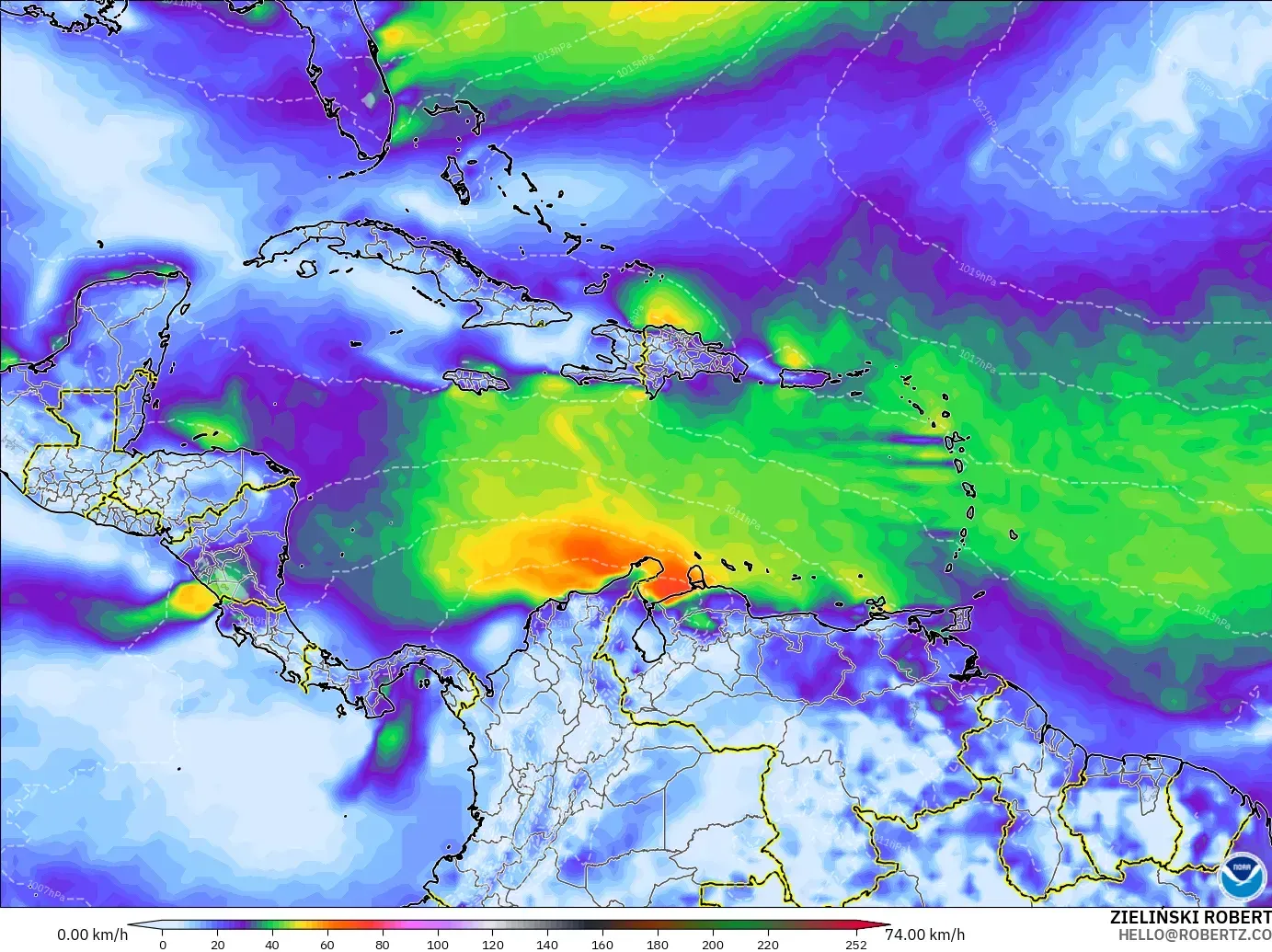 GFS modelo - Caribe, Ráfagas de viento