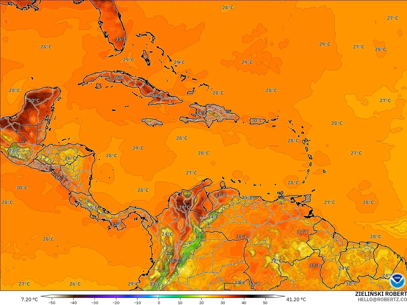 GFS modelo - Caribe, Temperatura a 2 m