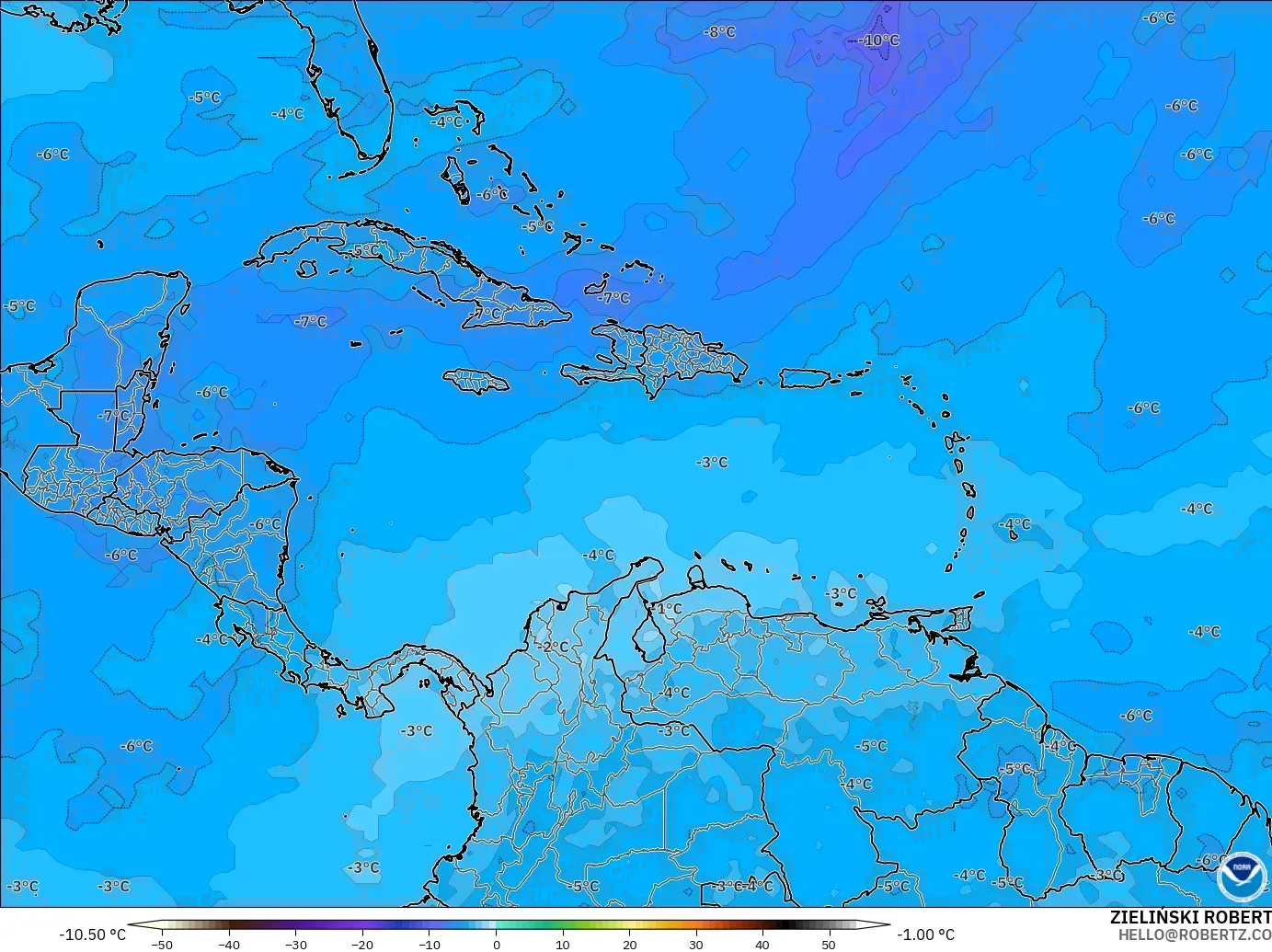 GFS modelo - Caribe, Temperatura a 500 hPa