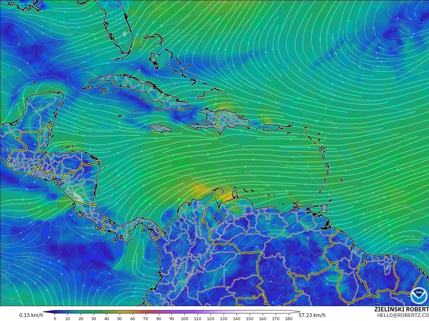 GFS modelo - Caribe, Viento a 10 m