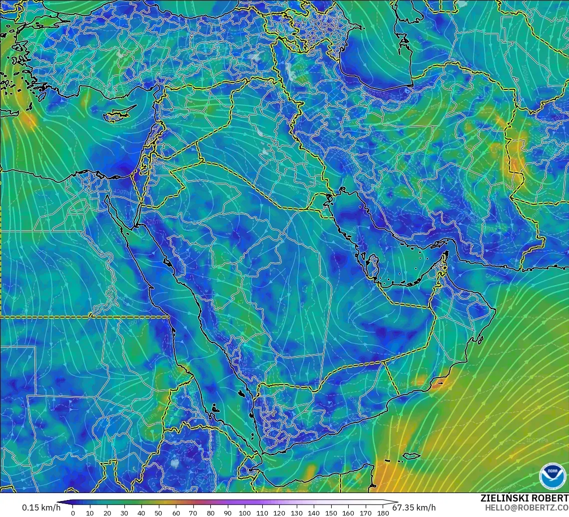 GFS modelo - Oriente Medio, Viento a 10 m