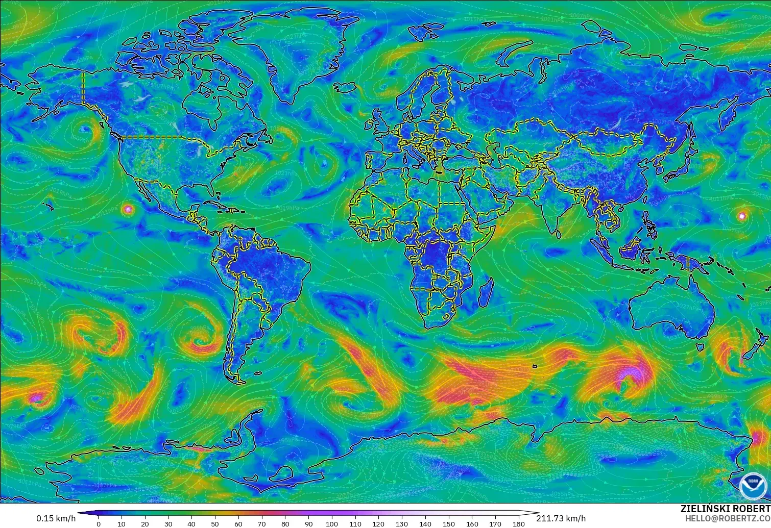 GFS modelo - Mundo, Viento a 10 m