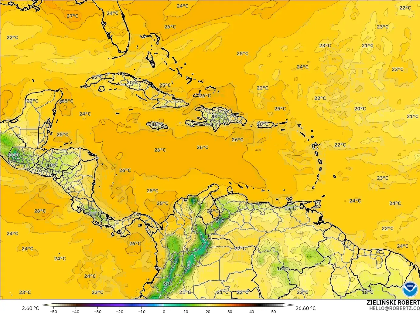 GFS modelo - Caribe, Punto de rocío a 2 m