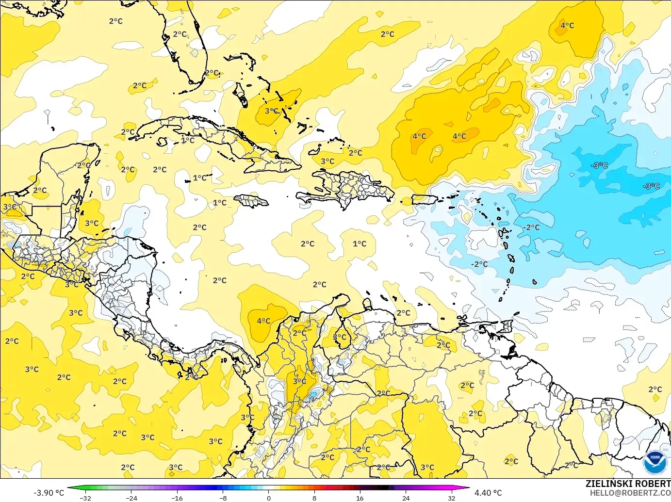 GFS modelo - Caribe, Anomalía de temperatura a 850 hPa