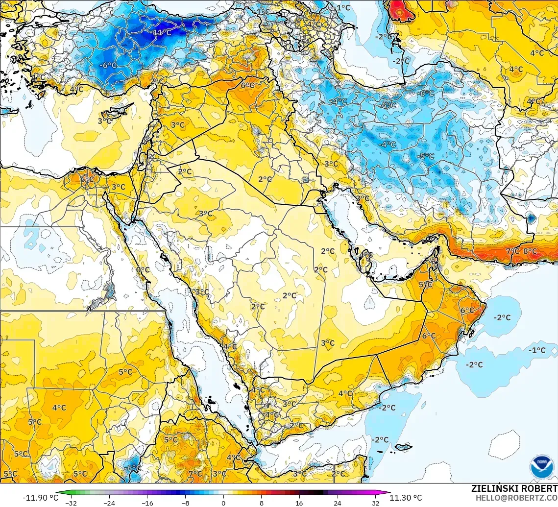 GFS modelo - Oriente Medio, Anomalía de temperatura a 2 m