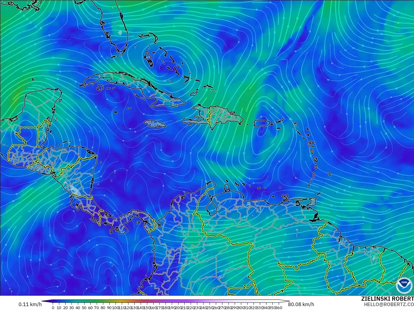 GFS modelo - Caribe, Viento a 300 hPa (corriente en chorro)