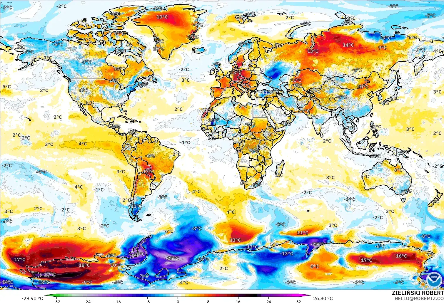 GFS modelo - Mundo, Anomalía de temperatura a 2 m