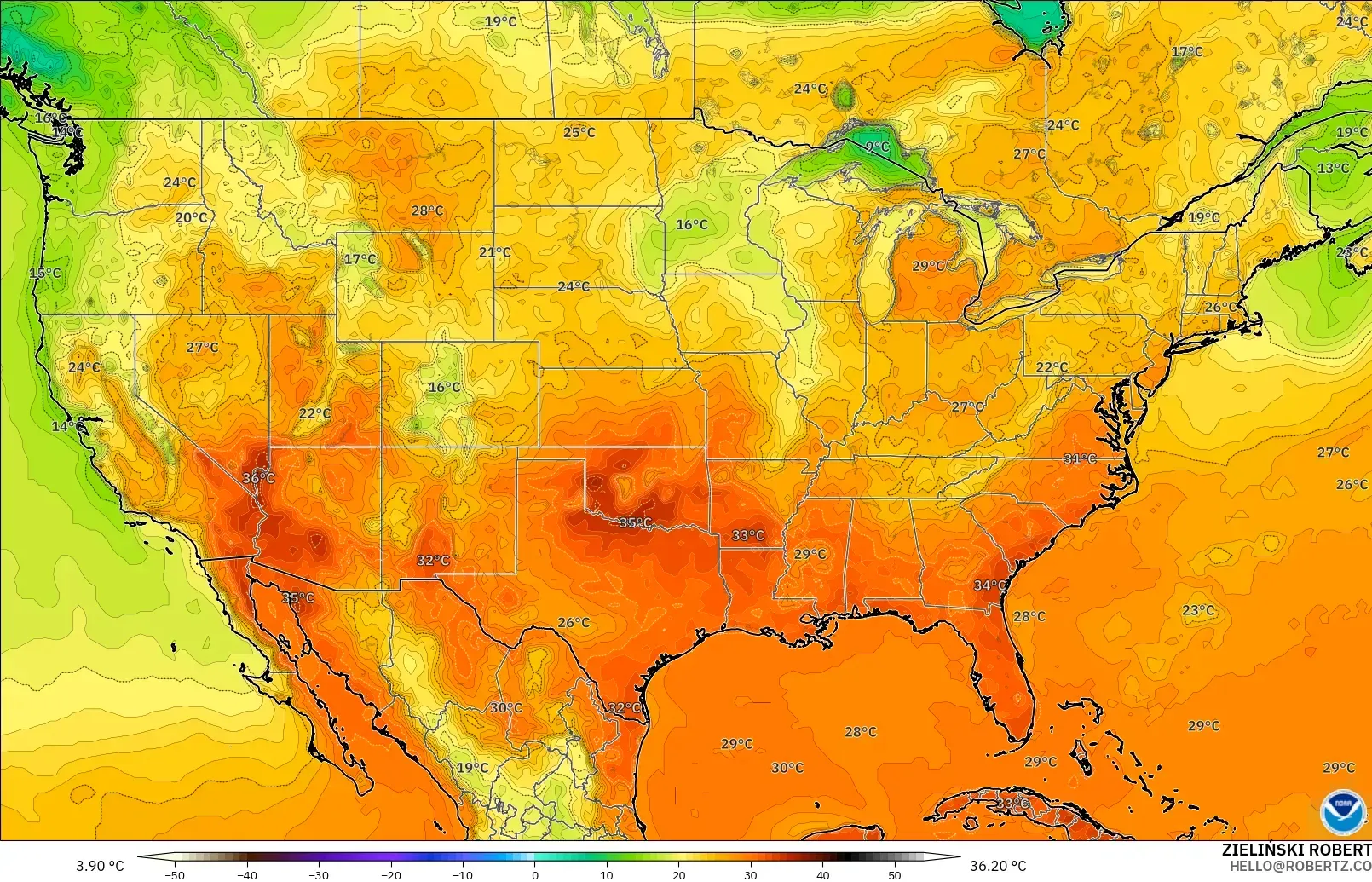 GFS modelo - Estados Unidos, Temperatura a 2 m