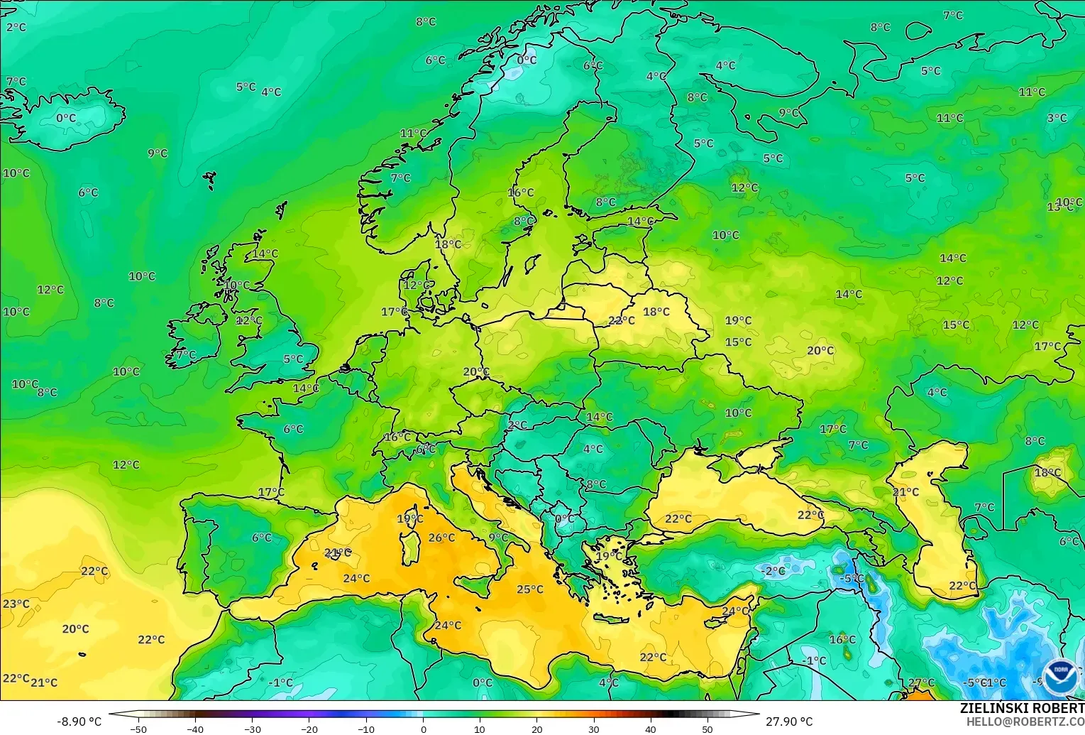 GFS modelo - Europa, Punto de rocío a 2 m