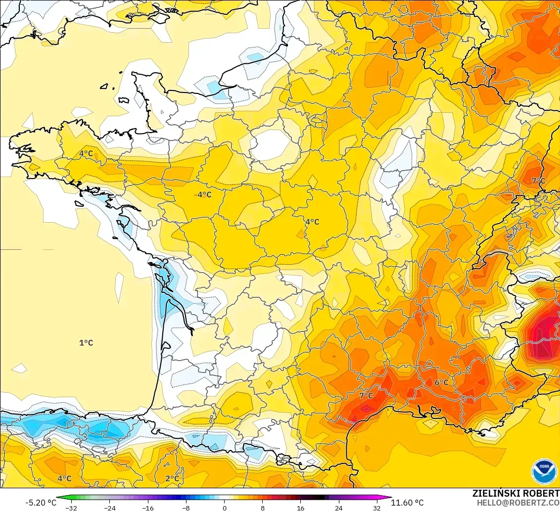 GFS modelo - Francia, Anomalía de temperatura a 2 m
