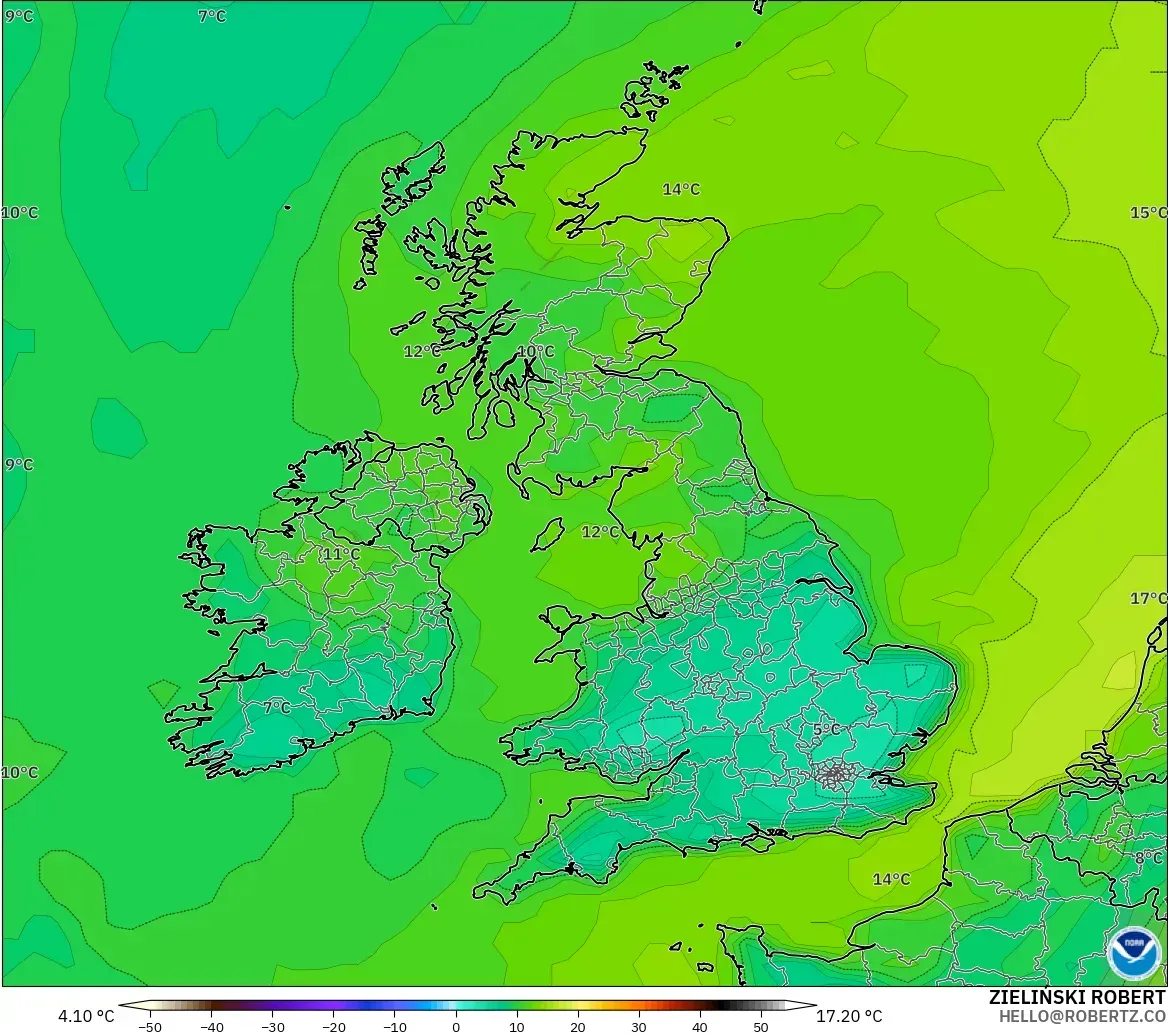 GFS modelo - Reino Unido, Punto de rocío a 2 m