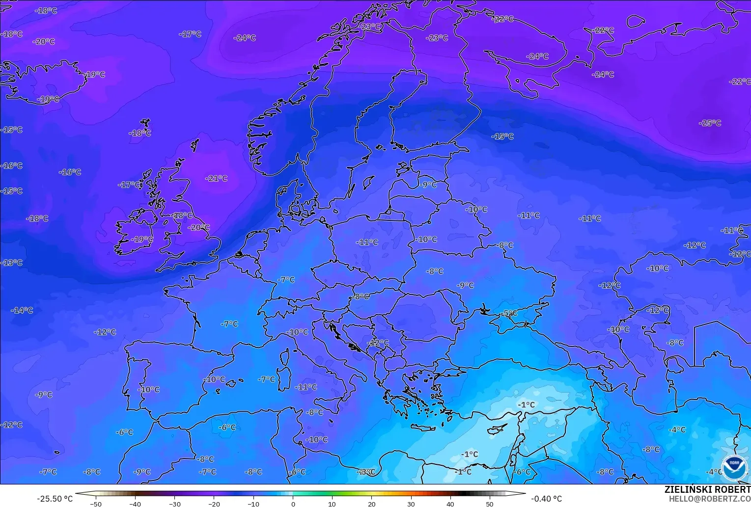 GFS modelo - Europa, Temperatura a 500 hPa