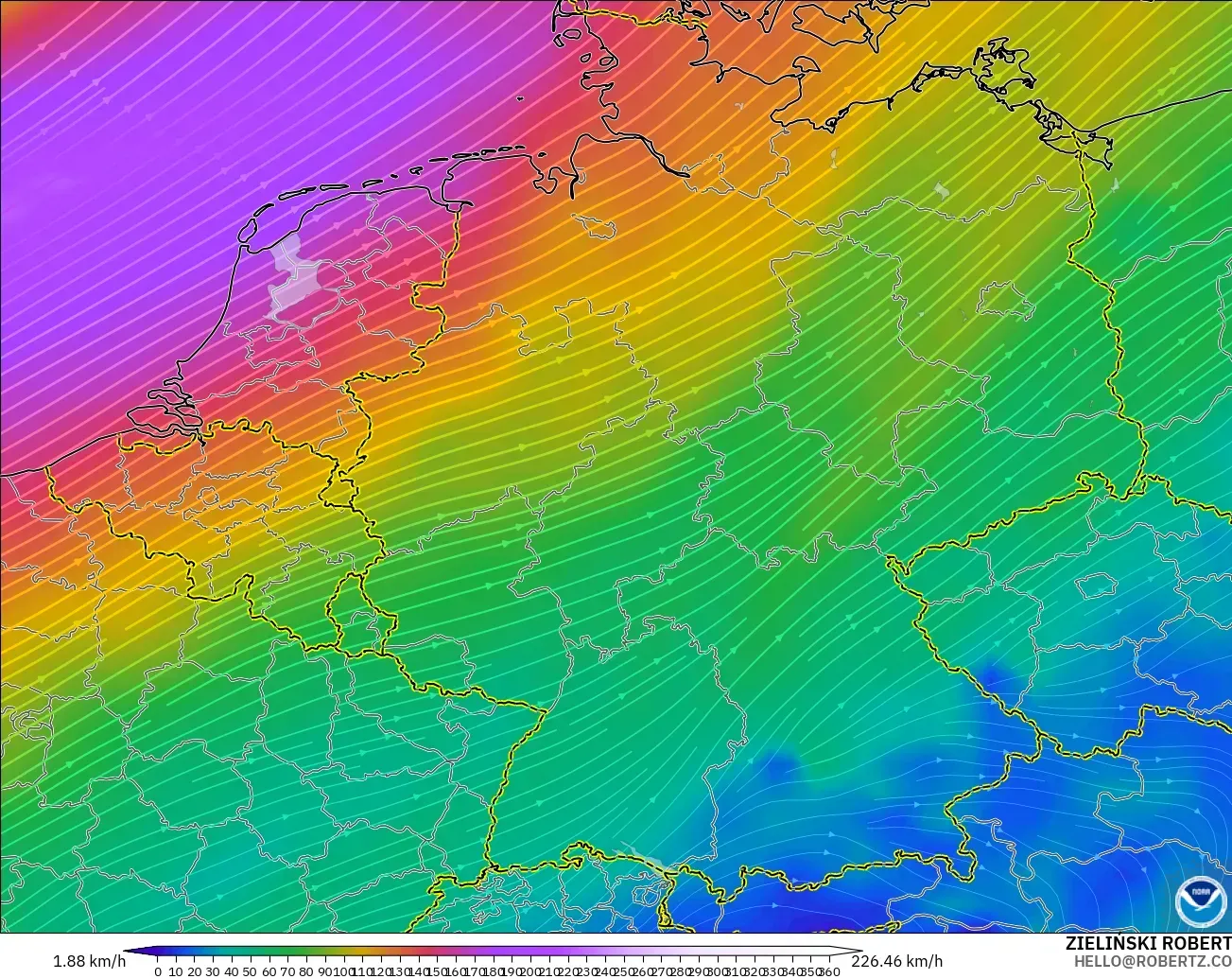 GFS modelo - Alemania, Viento a 300 hPa (corriente en chorro)