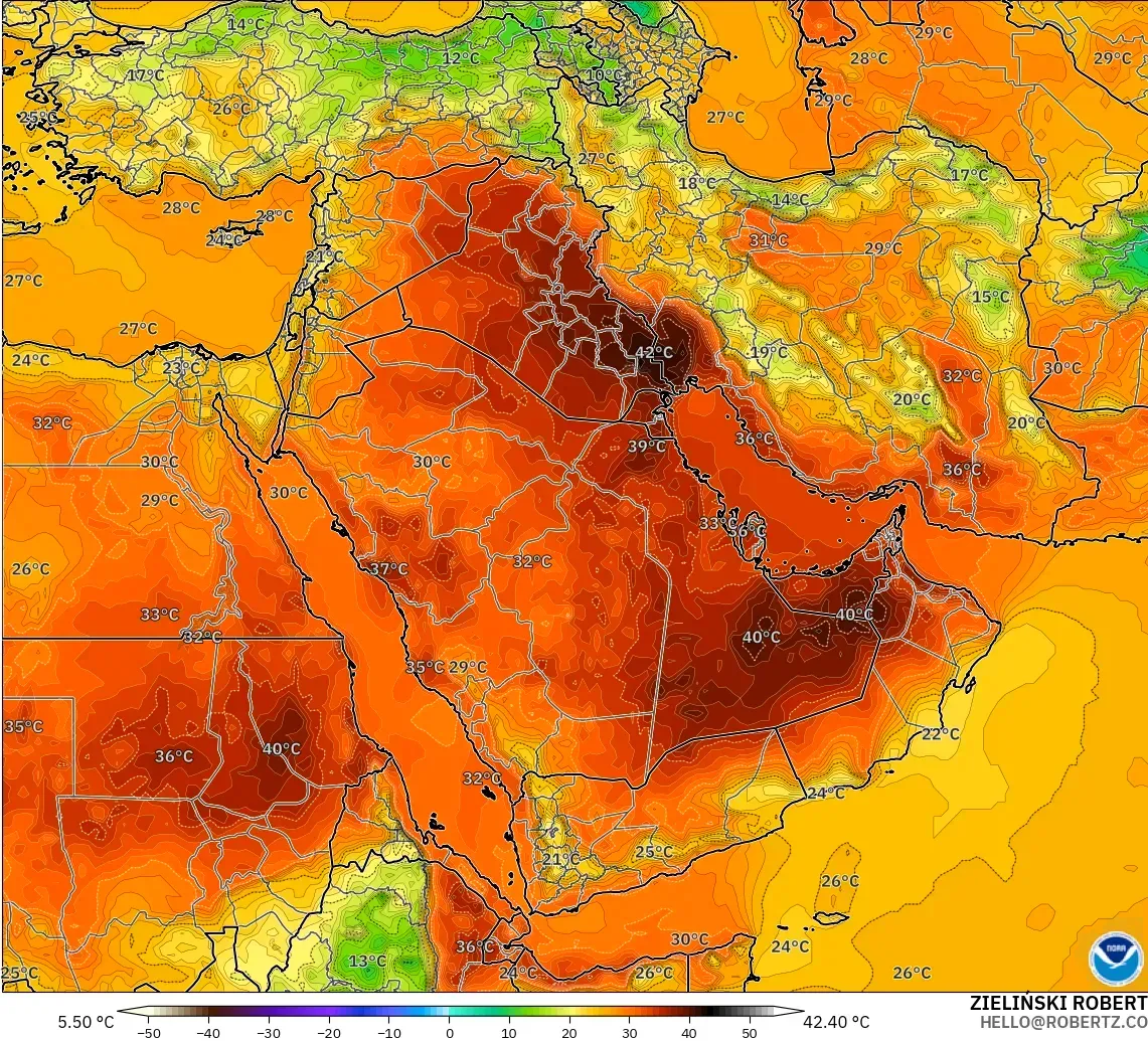 GFS modelo - Oriente Medio, Temperatura a 2 m