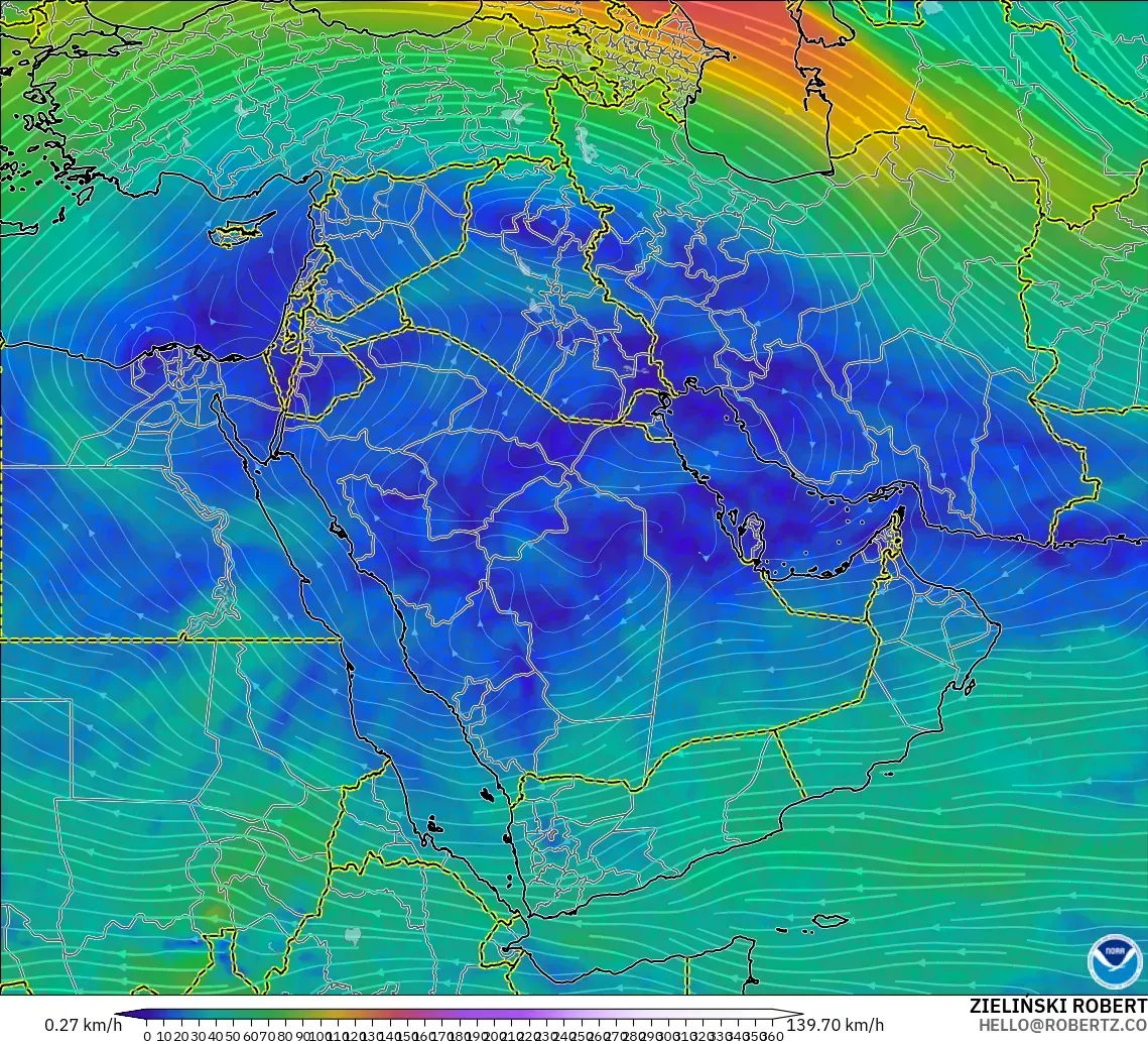 GFS modelo - Oriente Medio, Viento a 300 hPa (corriente en chorro)