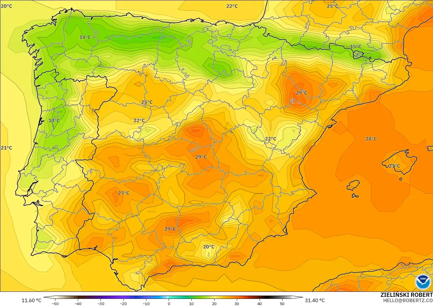 GFS modelo - España, Temperatura a 2 m