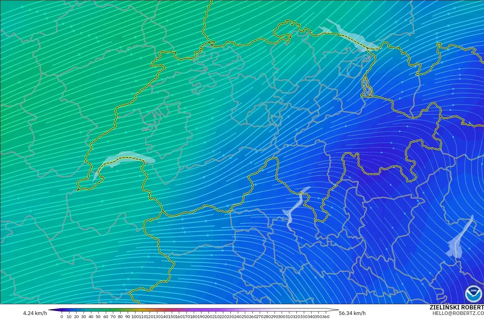 GFS modelo - Suiza, Viento a 300 hPa (corriente en chorro)