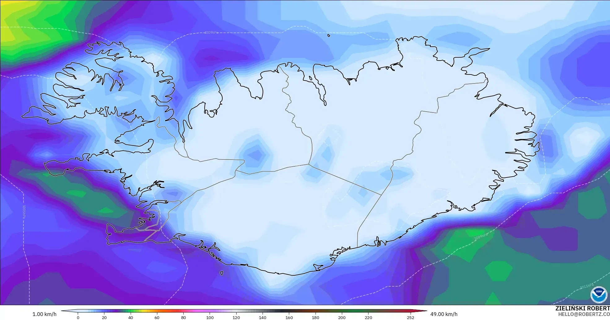 GFS modelo - Islandia, Ráfagas de viento