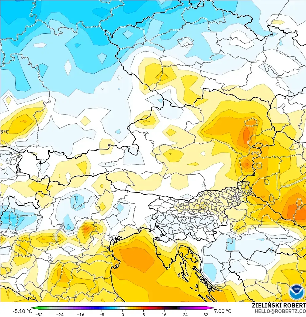 GFS modelo - Austria, Anomalía de temperatura a 2 m