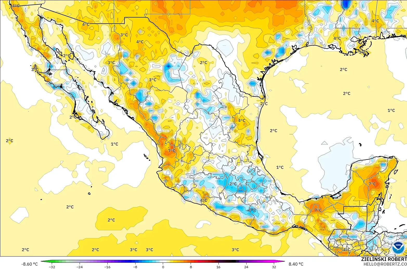 GFS modelo - México, Anomalía de temperatura a 2 m