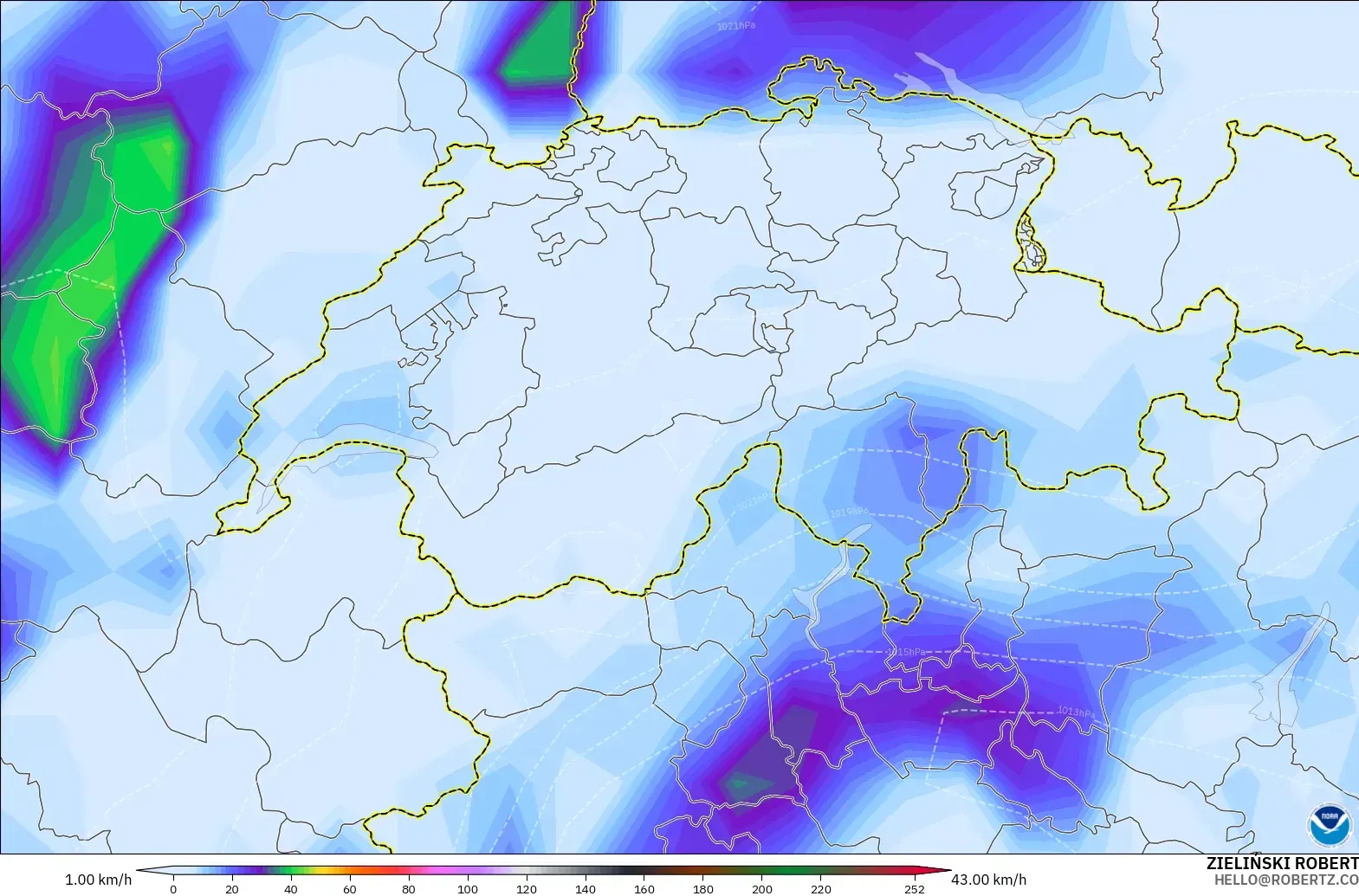 GFS modelo - Suiza, Ráfagas de viento