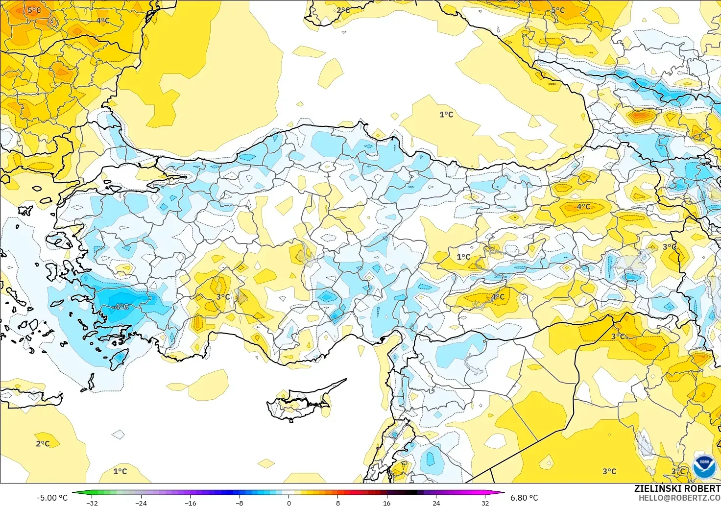 GFS modelo - Turquía, Anomalía de temperatura a 2 m
