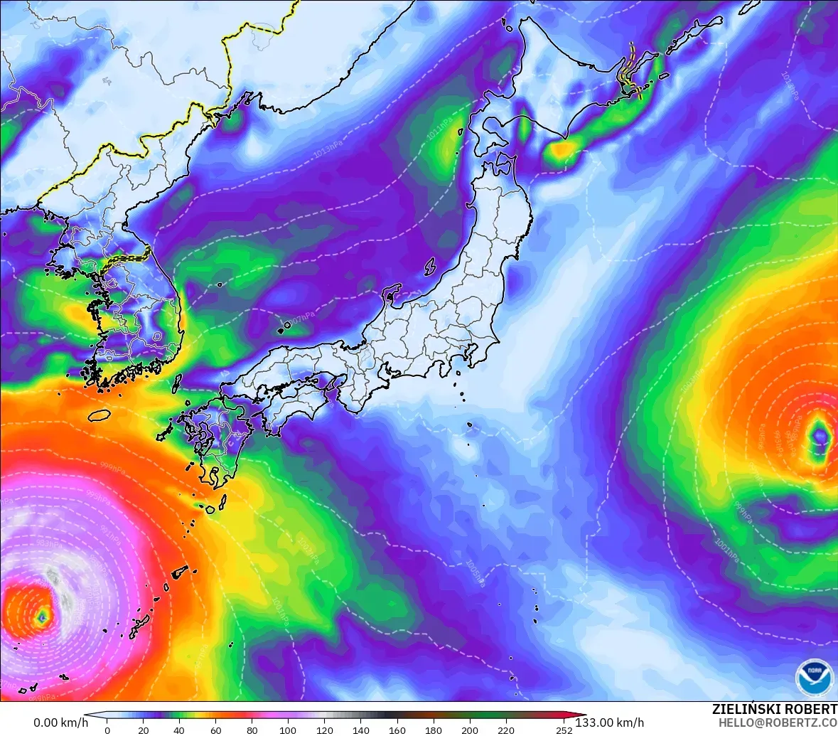 GFS modelo - Japón, Ráfagas de viento