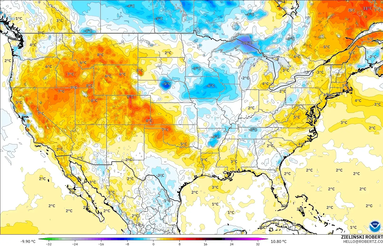 GFS modelo - Estados Unidos, Anomalía de temperatura a 2 m