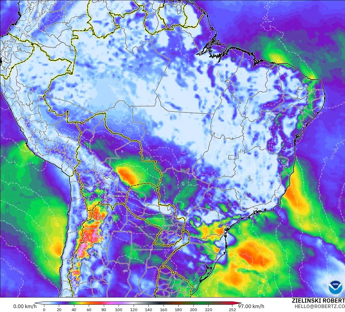 GFS modelo - Brasil, Ráfagas de viento