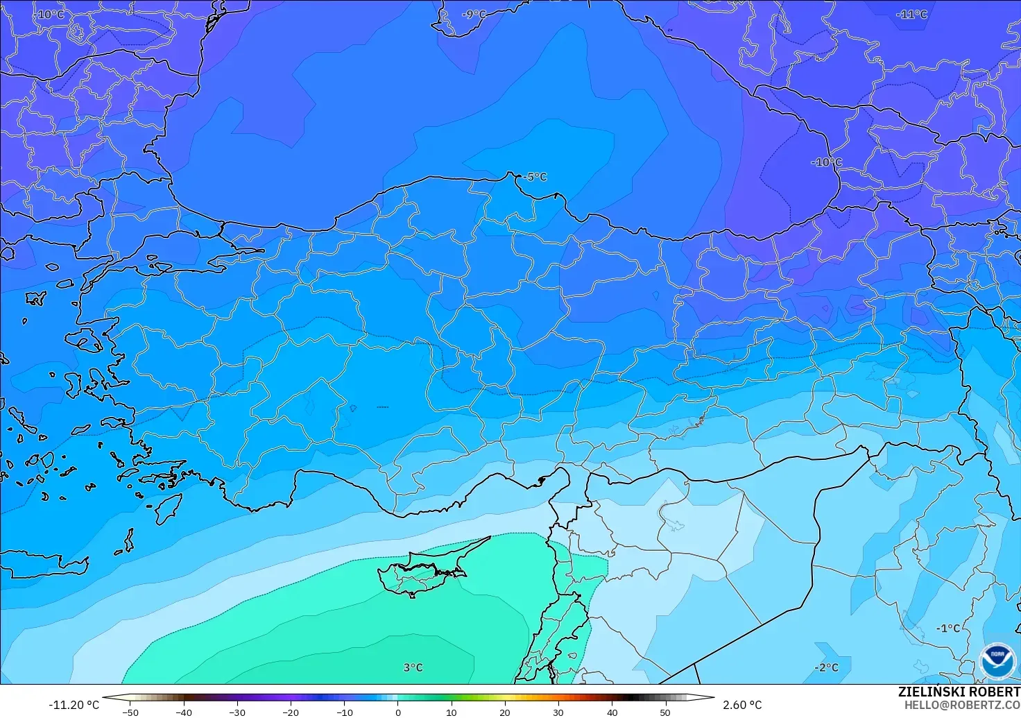 GFS modelo - Turquía, Temperatura a 500 hPa