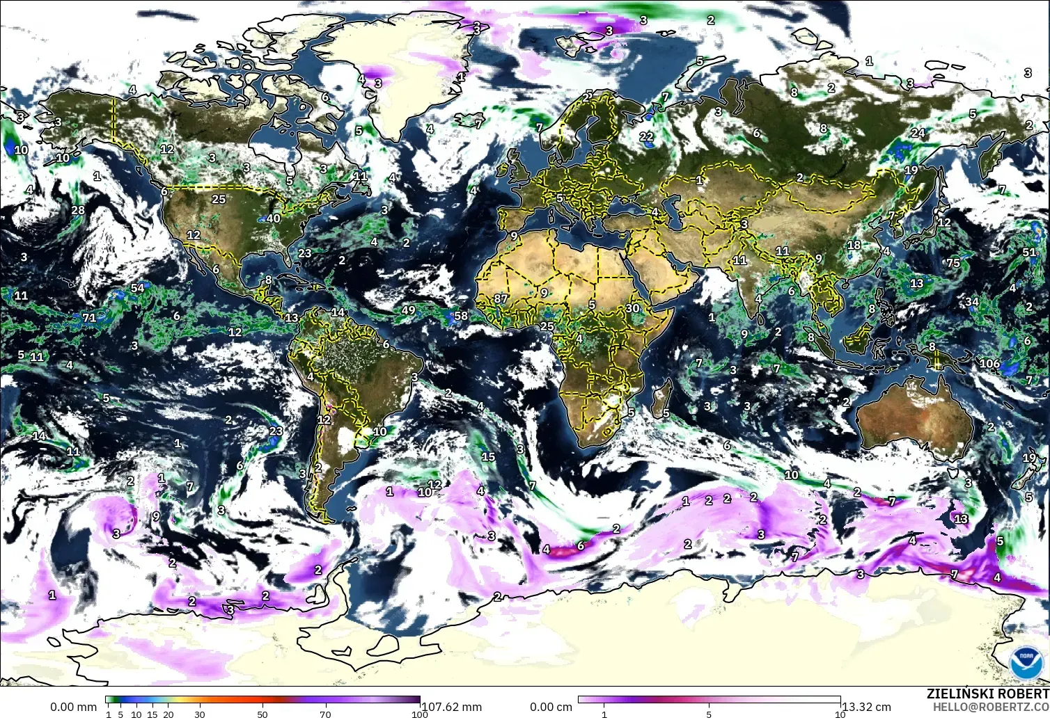 GFS modelo - Mundo, Precipitación, nubes y presión