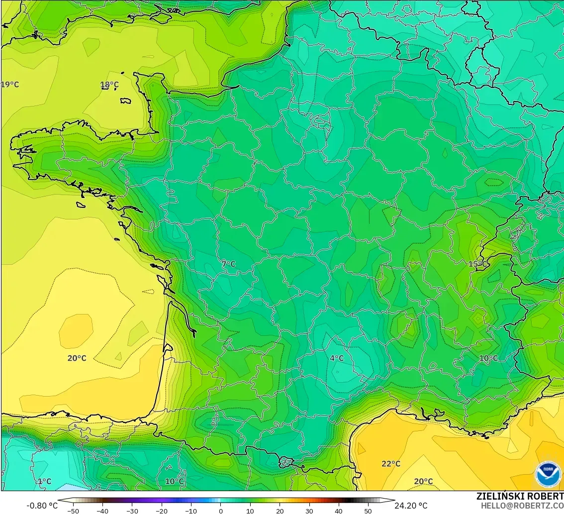 GFS modelo - Francia, Punto de rocío a 2 m