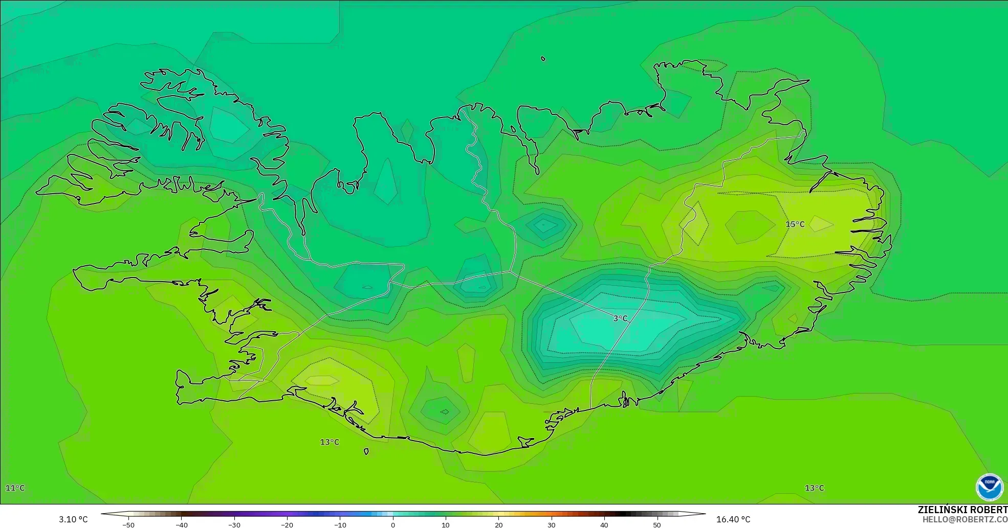 GFS modelo - Islandia, Temperatura a 2 m
