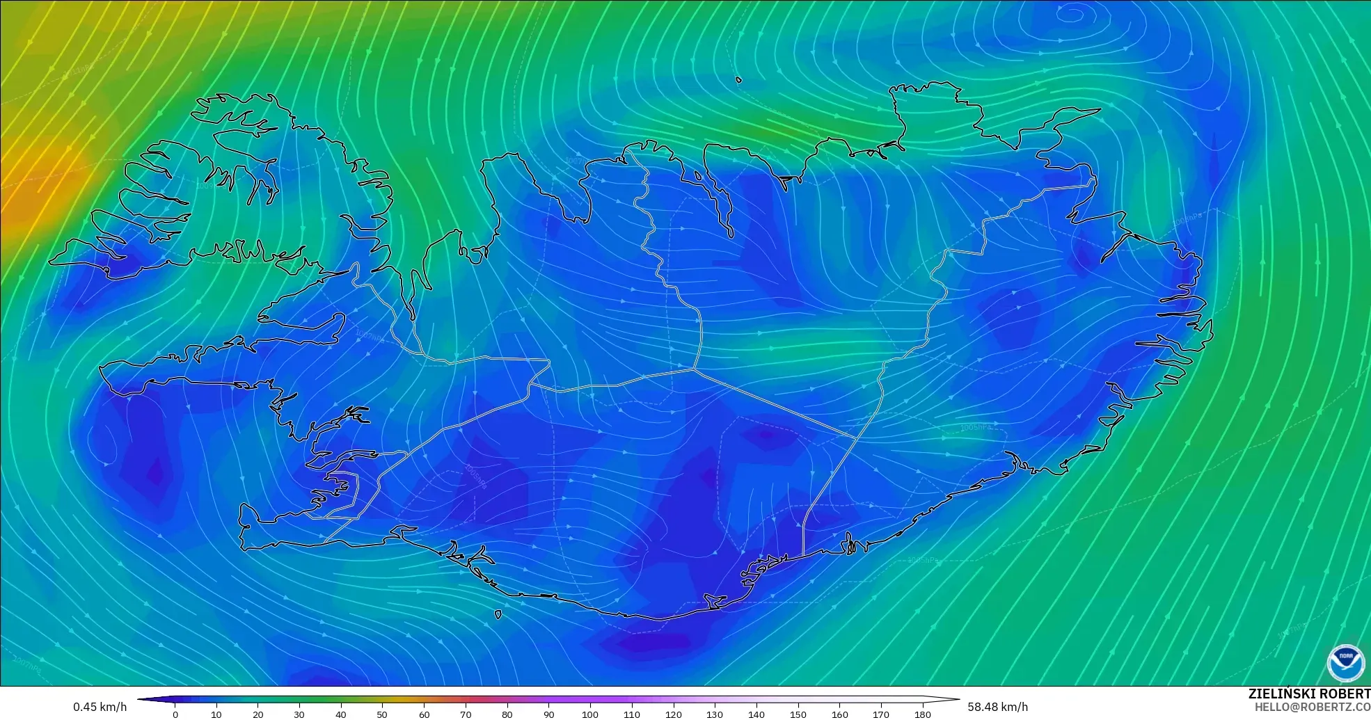 GFS modelo - Islandia, Viento a 10 m