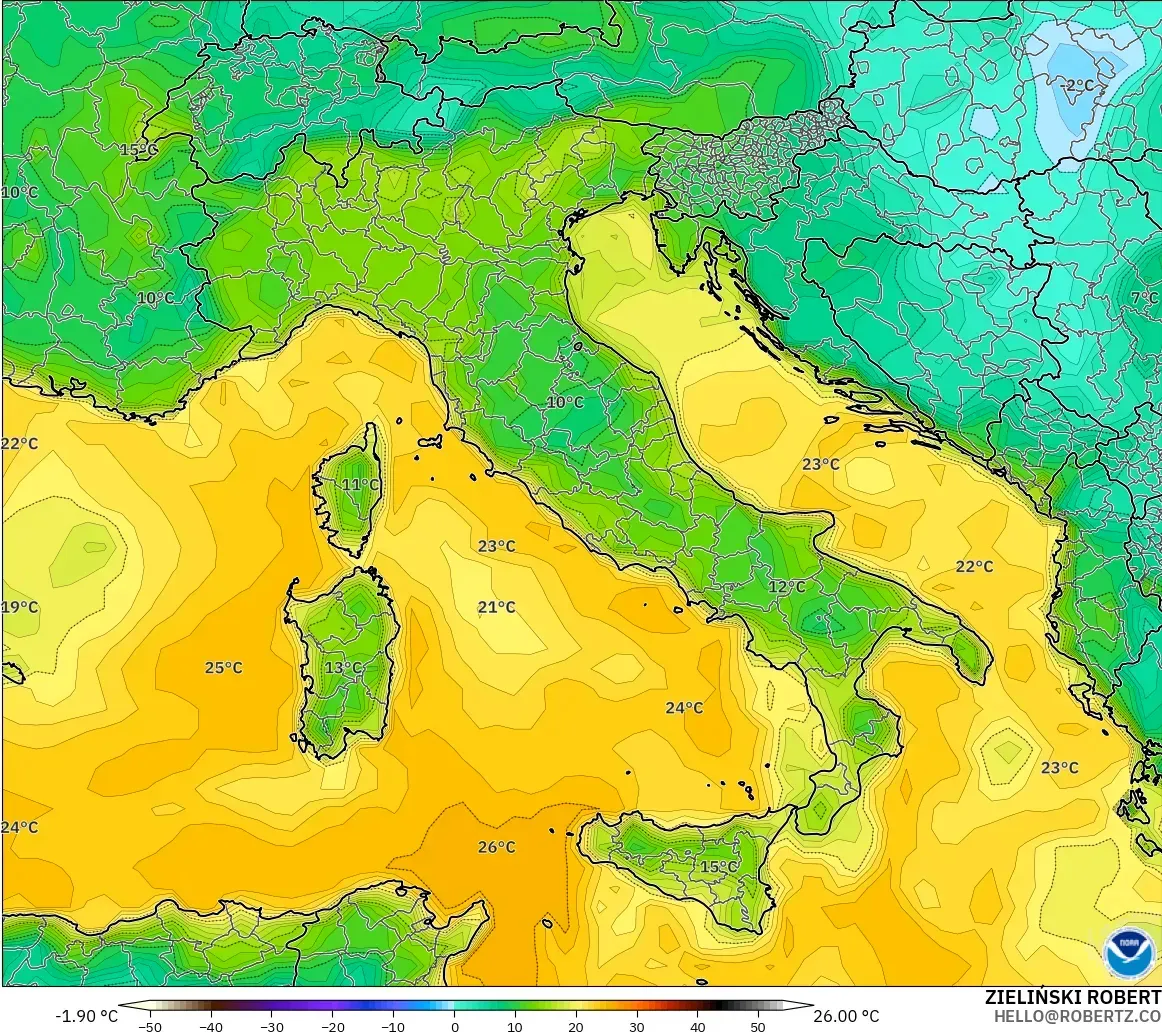 GFS modelo - Italia, Punto de rocío a 2 m