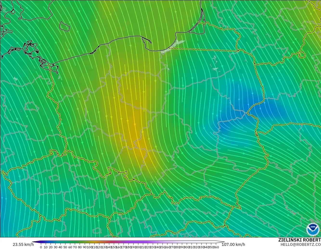 GFS modelo - Polonia, Viento a 300 hPa (corriente en chorro)