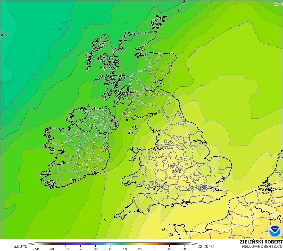 GFS modelo - Reino Unido, Temperatura a 850 hPa
