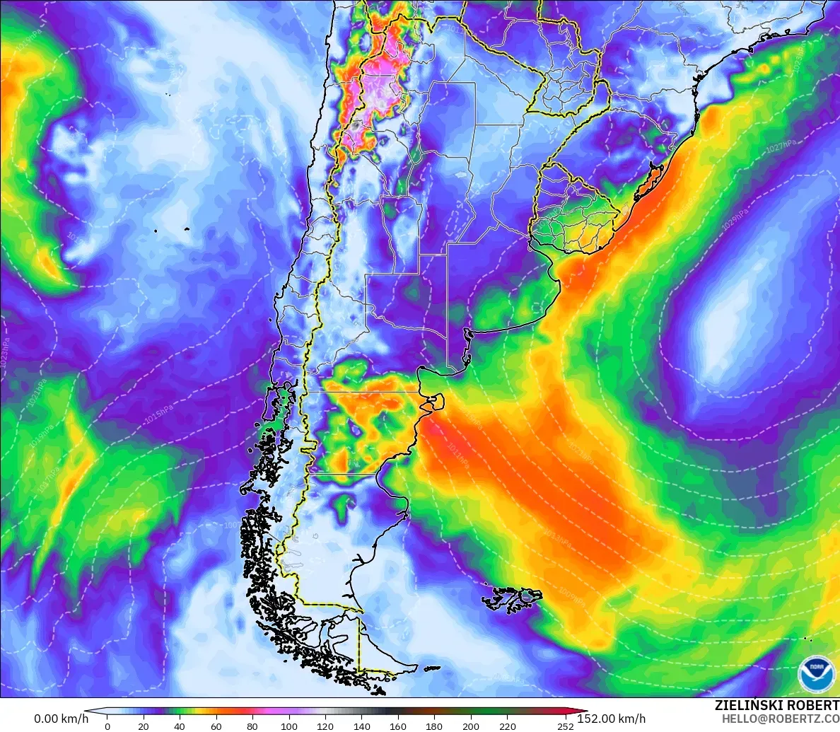 GFS modelo - Argentina, Ráfagas de Viento Máximas