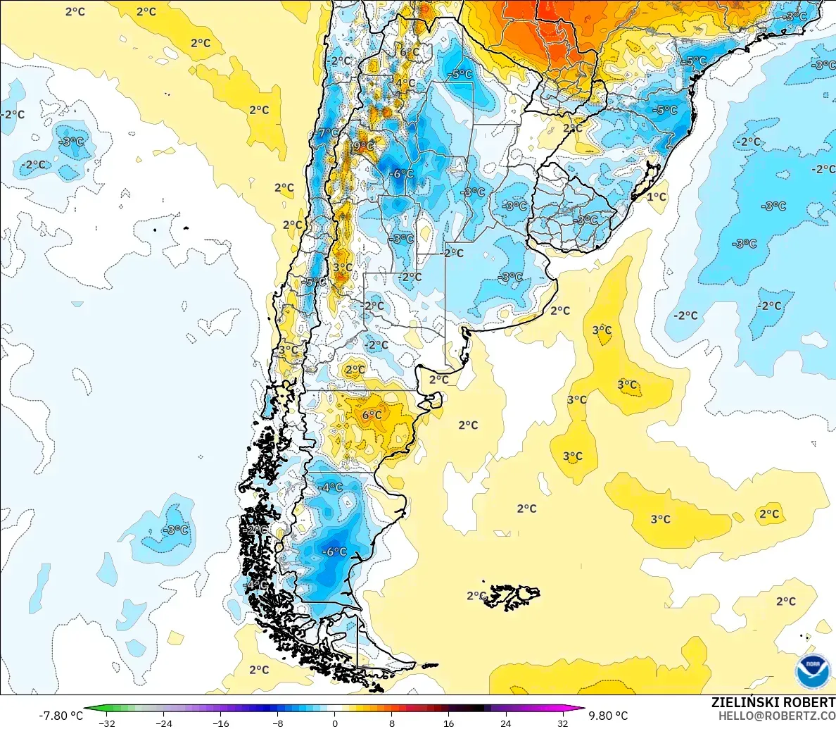 GFS modelo - Argentina, Anomalía de temperatura a 2 m