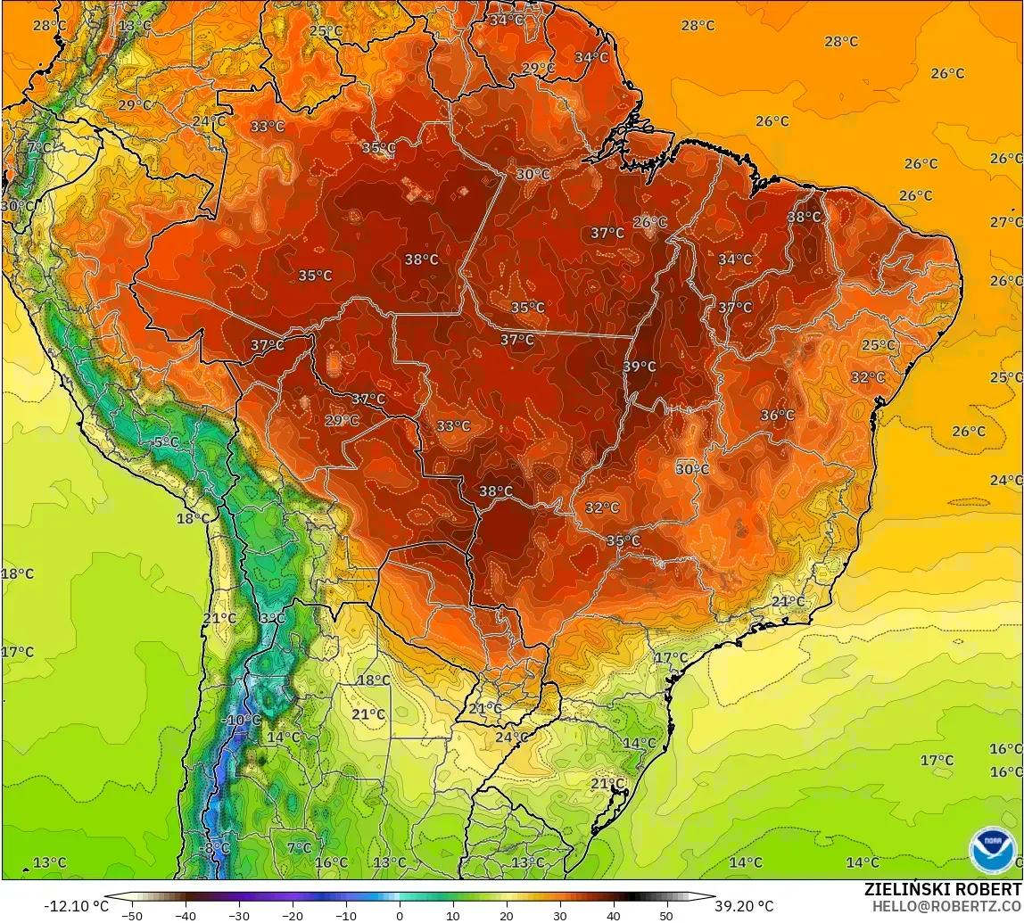 GFS modelo - Brasil, Temperatura a 2 m