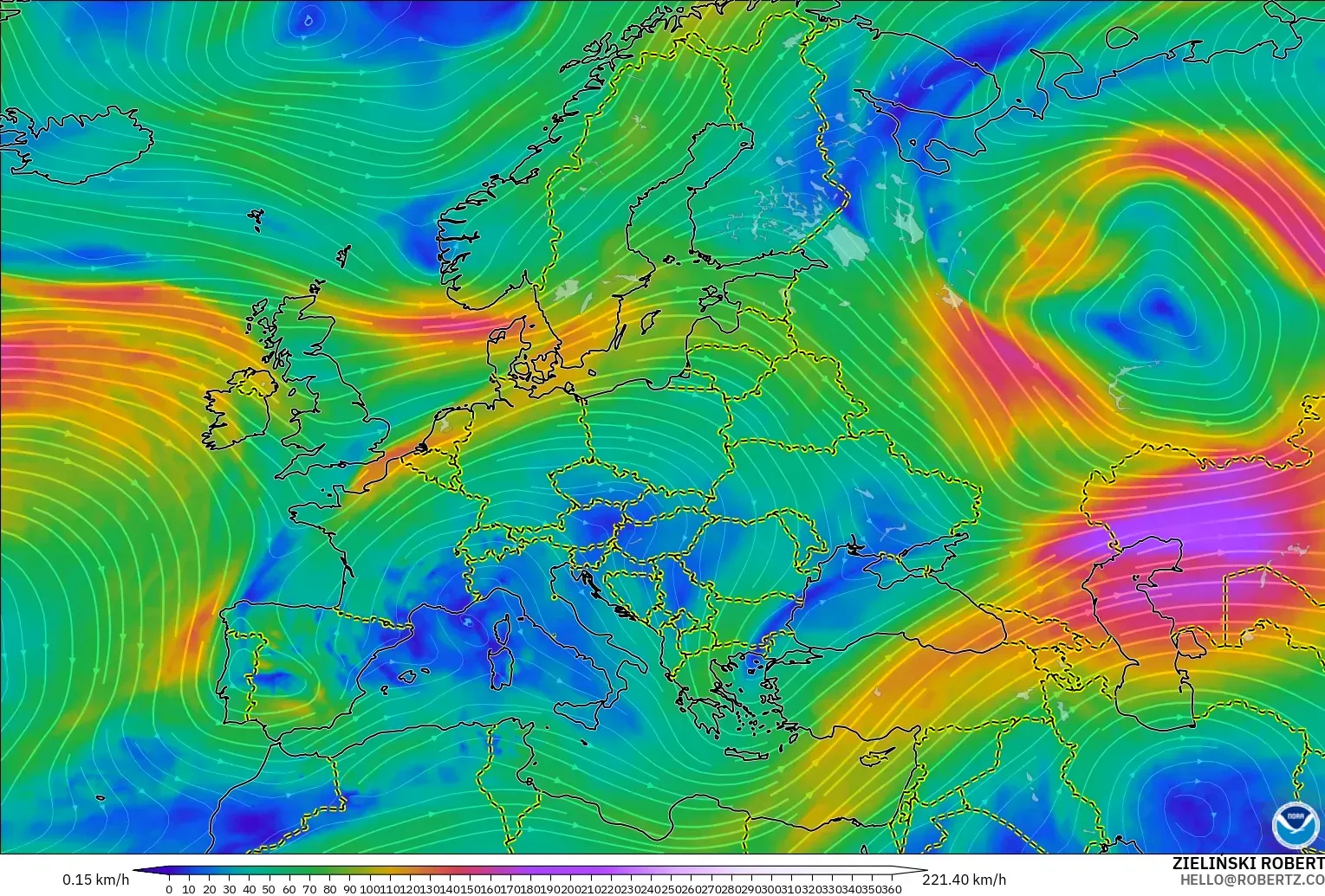 GFS modelo - Europa, Viento a 300 hPa (corriente en chorro)