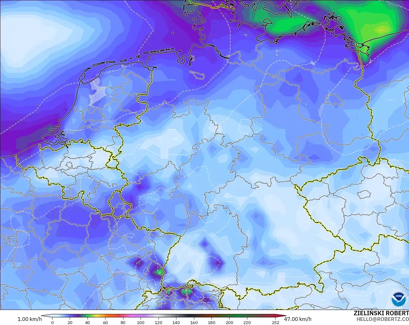 GFS modelo - Alemania, Ráfagas de Viento Máximas