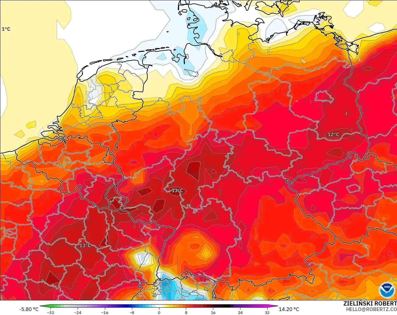 GFS modelo - Alemania, Anomalía de temperatura a 2 m