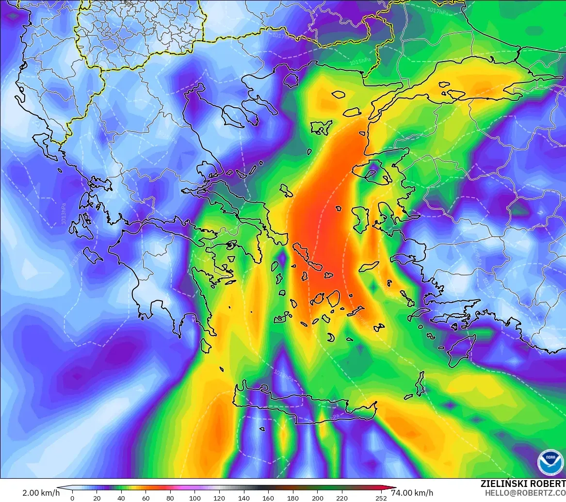 GFS modelo - Grecia, Ráfagas de viento