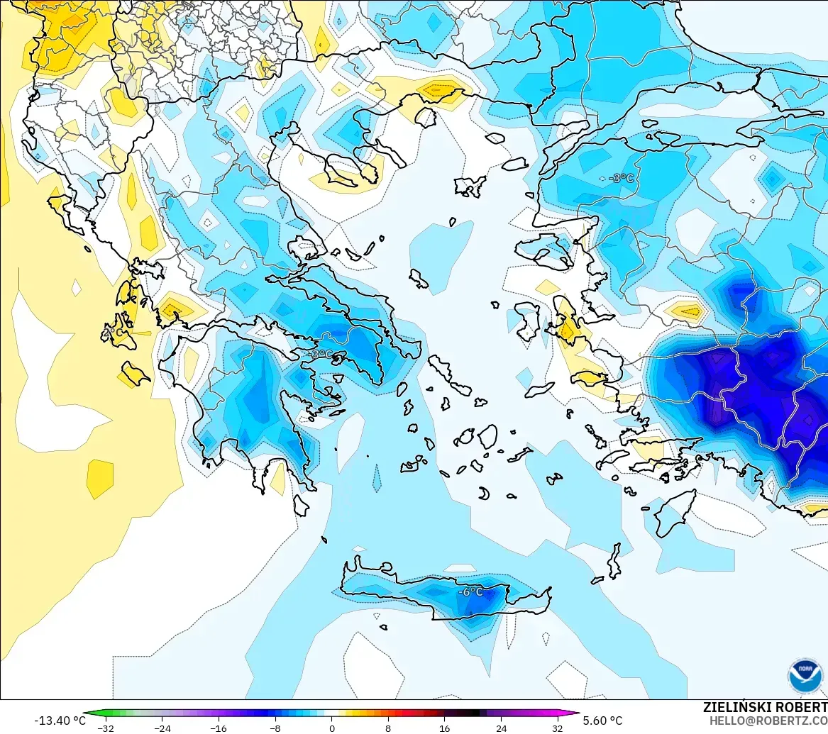 GFS modelo - Grecia, Anomalía de temperatura a 2 m