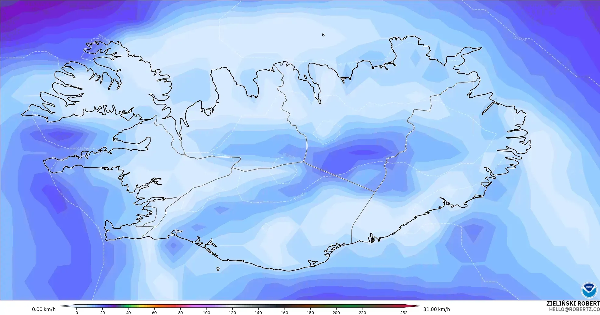 GFS modelo - Islandia, Ráfagas de Viento Máximas